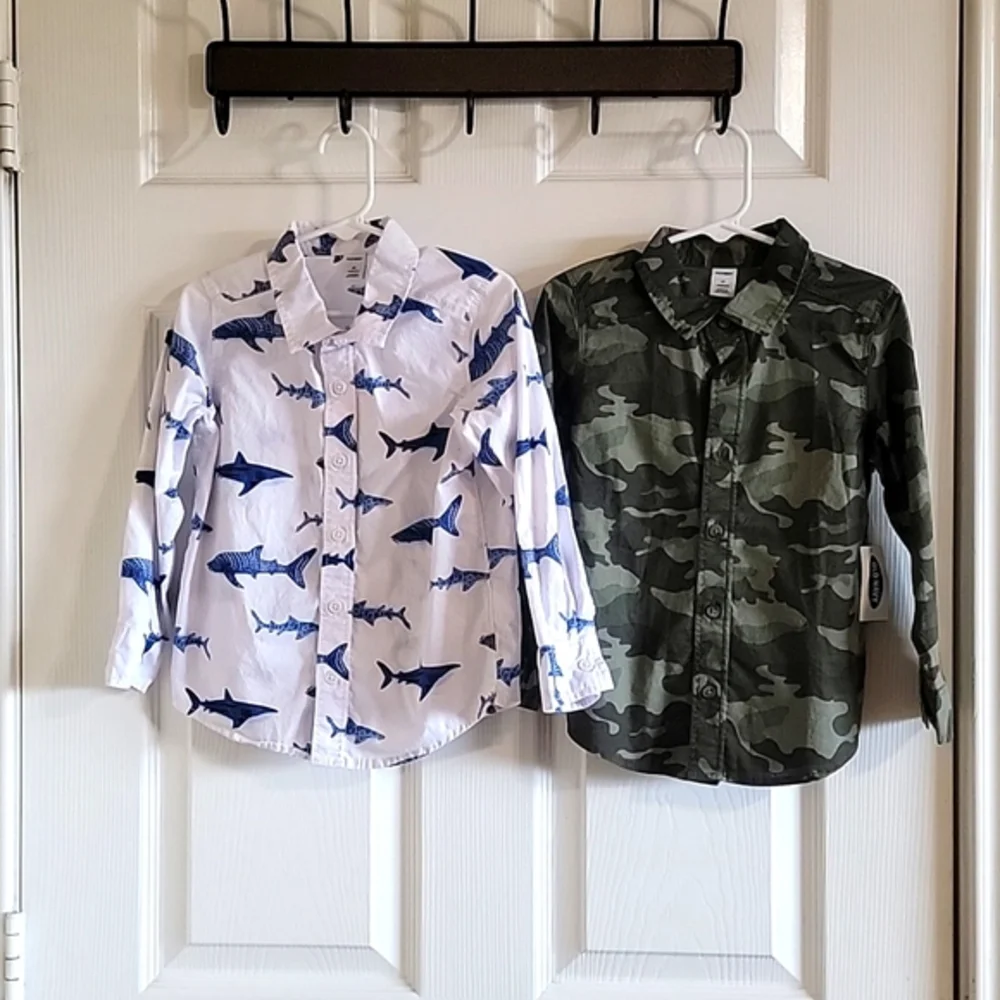 Boys Old Navy button down tops, white with blue sharks and camouflage green